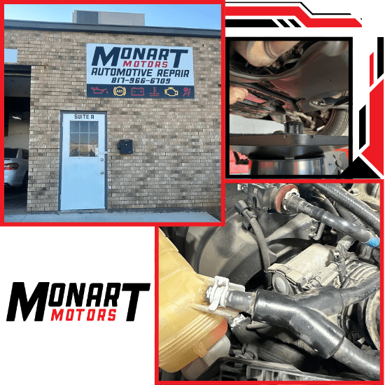 Collage of Monart Motors Automotive Repair showing the shop exterior, vehicle undercarriage inspection, and engine bay components, highlighting professional auto repair services.